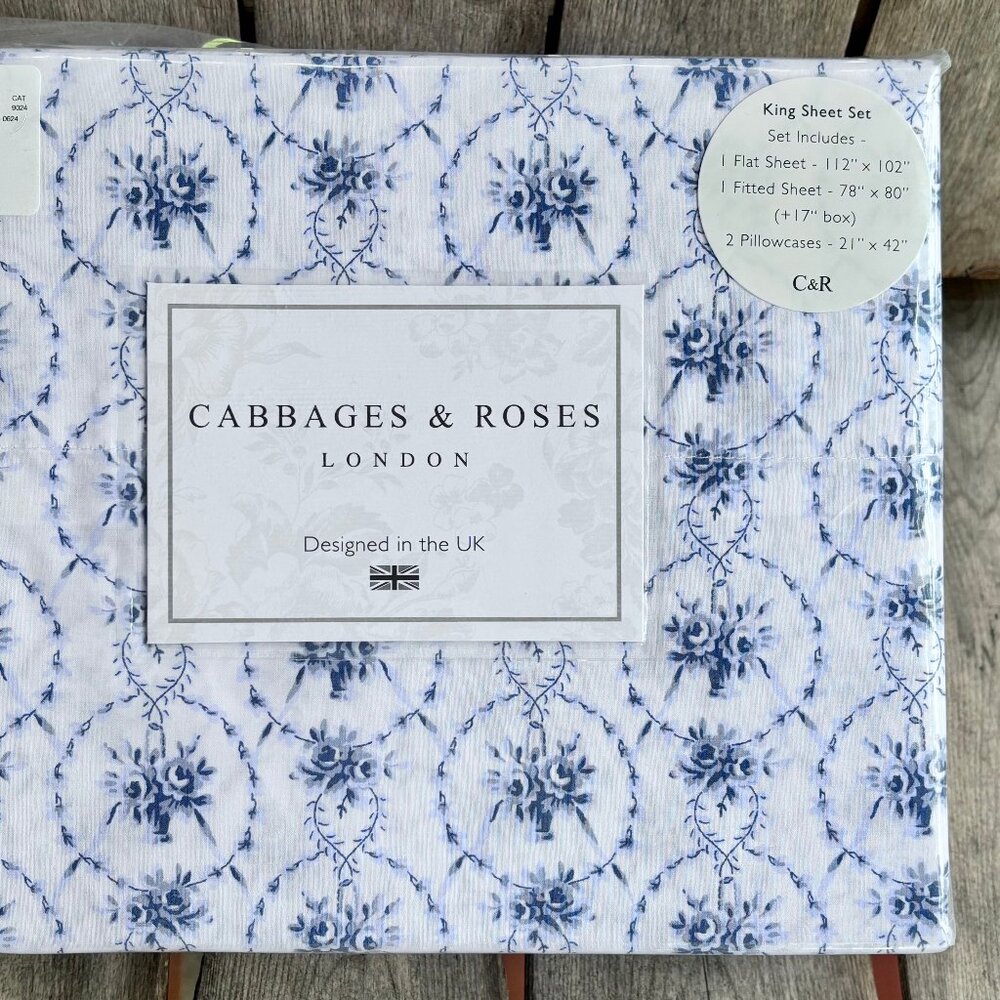 Cabbages & Roses London JULIA BLUE & FLORAL MEDALLION Sheet Set - KING SIZE